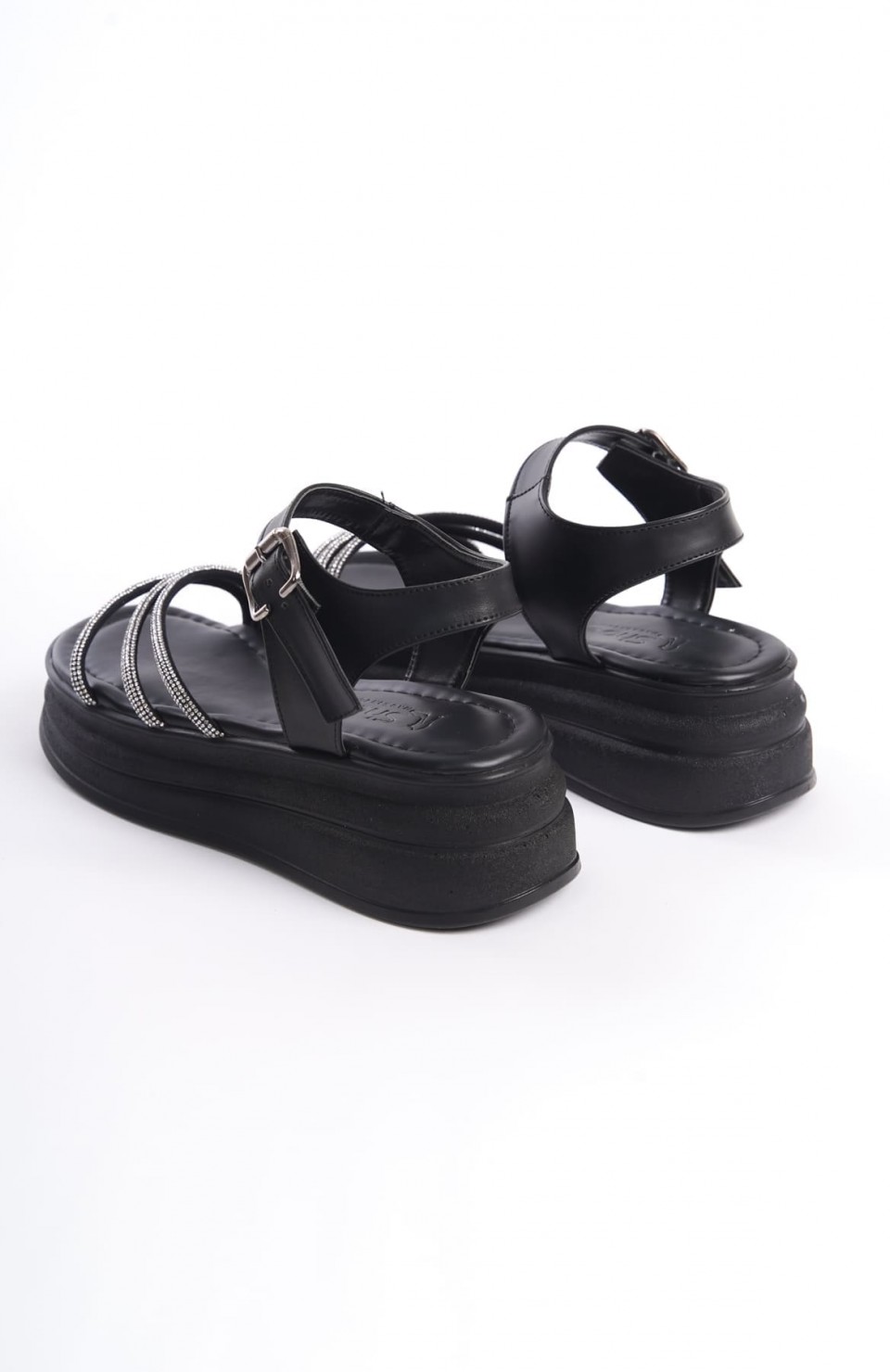 EVA Kalın Tokalı Taşlı Şeritli Ortopedik Taban Kadın Sandalet  CST - Siyah