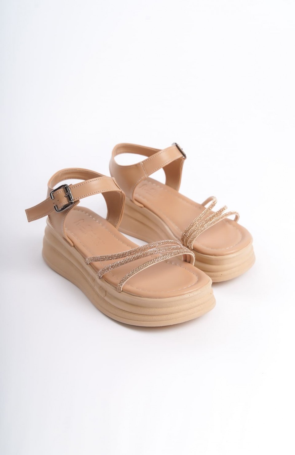 EVA Kalın Tokalı Taşlı Şeritli Ortopedik Taban Kadın Sandalet  CTT - Ten