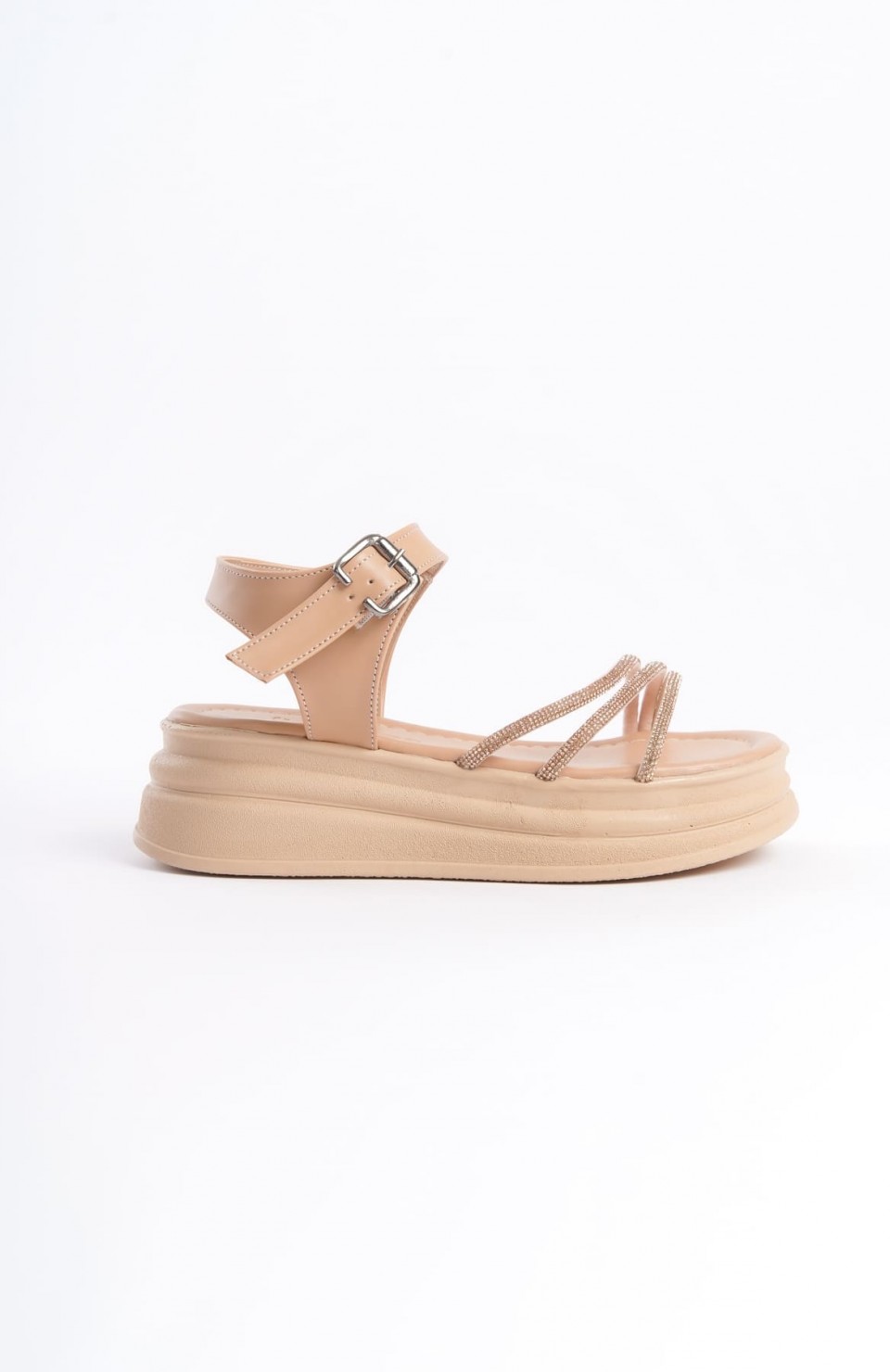 EVA Kalın Tokalı Taşlı Şeritli Ortopedik Taban Kadın Sandalet  CTT - Ten