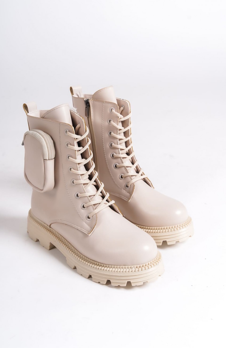 GINA Bağcıklı Fermuarlı Ortopedik Taban Çantalı Kadın Bot  CKT - Krem