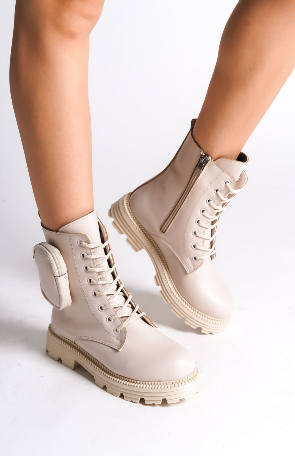 GINA Bağcıklı Fermuarlı Ortopedik Taban Çantalı Kadın Bot  CKT - Krem