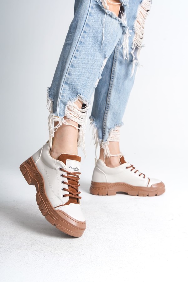JANE Bağcıklı Ortopedik Taban Kadın Sneaker Spor Ayakkabı  CTT - Krem