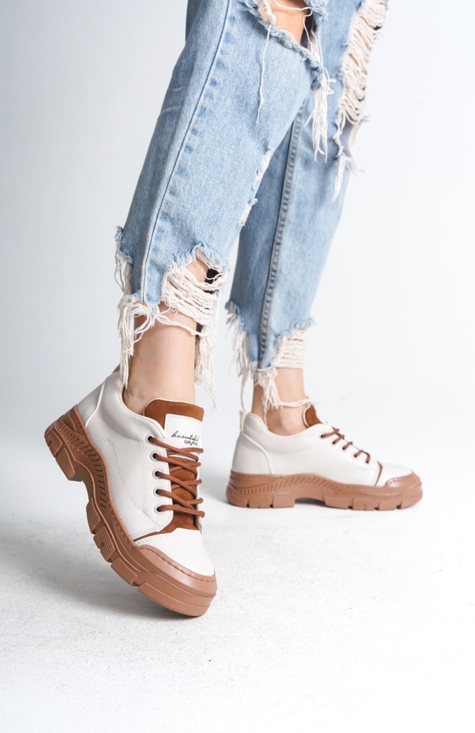 JANE Bağcıklı Ortopedik Taban Kadın Sneaker Spor Ayakkabı  CTT - Krem