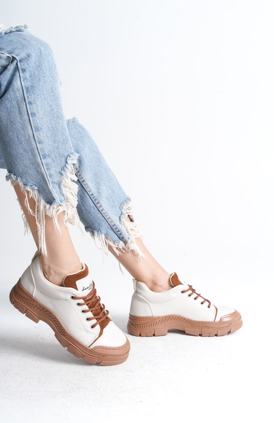 JANE Bağcıklı Ortopedik Taban Kadın Sneaker Spor Ayakkabı  CTT - Krem