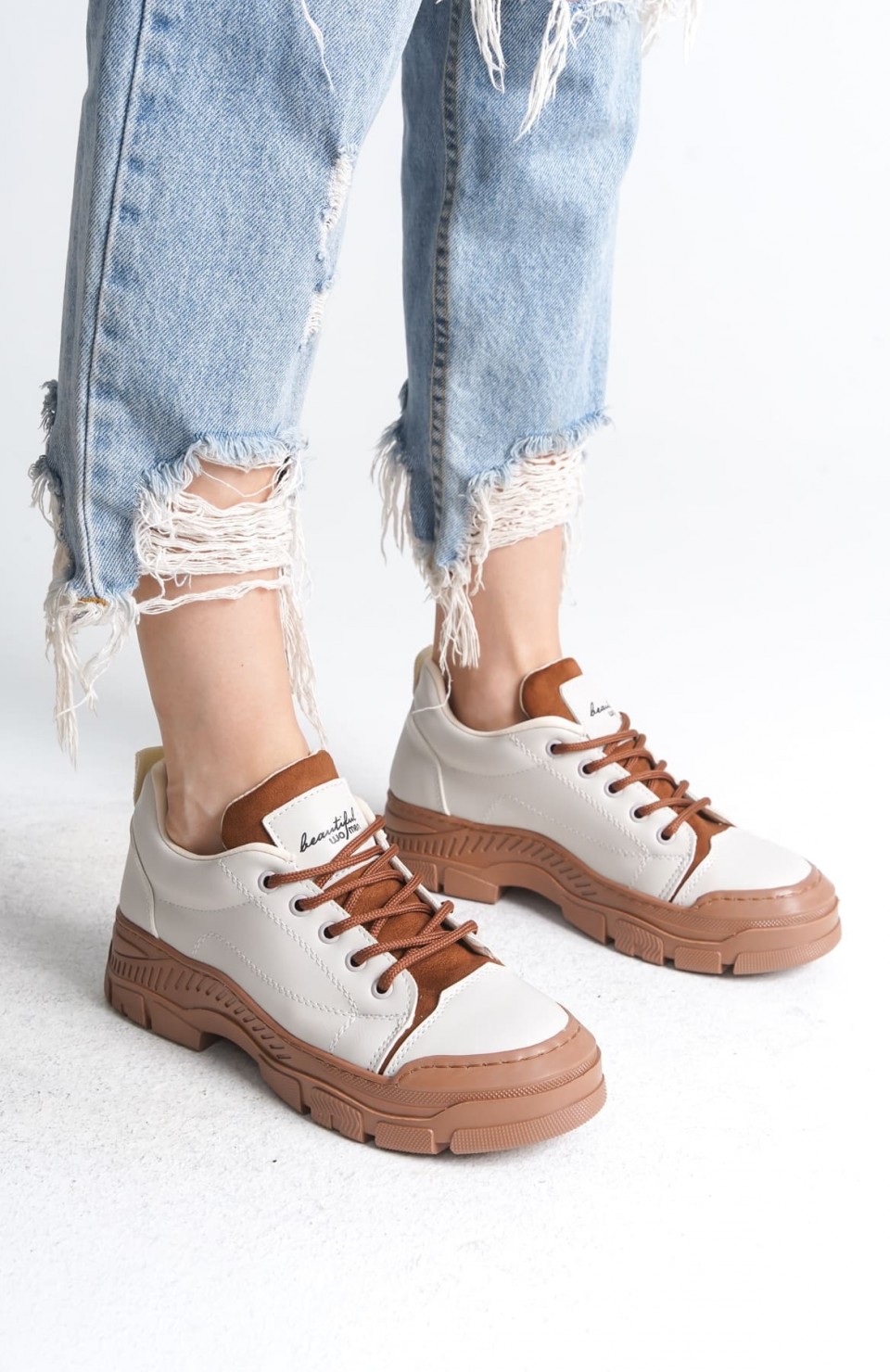 JANE Bağcıklı Ortopedik Taban Kadın Sneaker Spor Ayakkabı  CTT - Krem