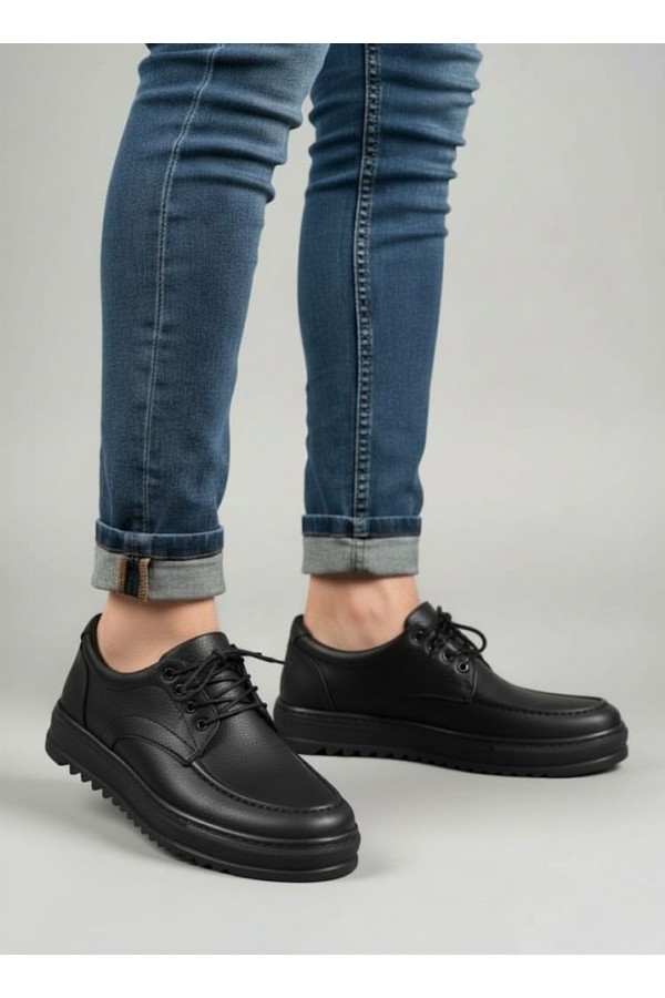 JY-T12x Arts Bağcıklı Cilt Erkek Günlük Spor Klasik Ayakkabı CST - Siyah
