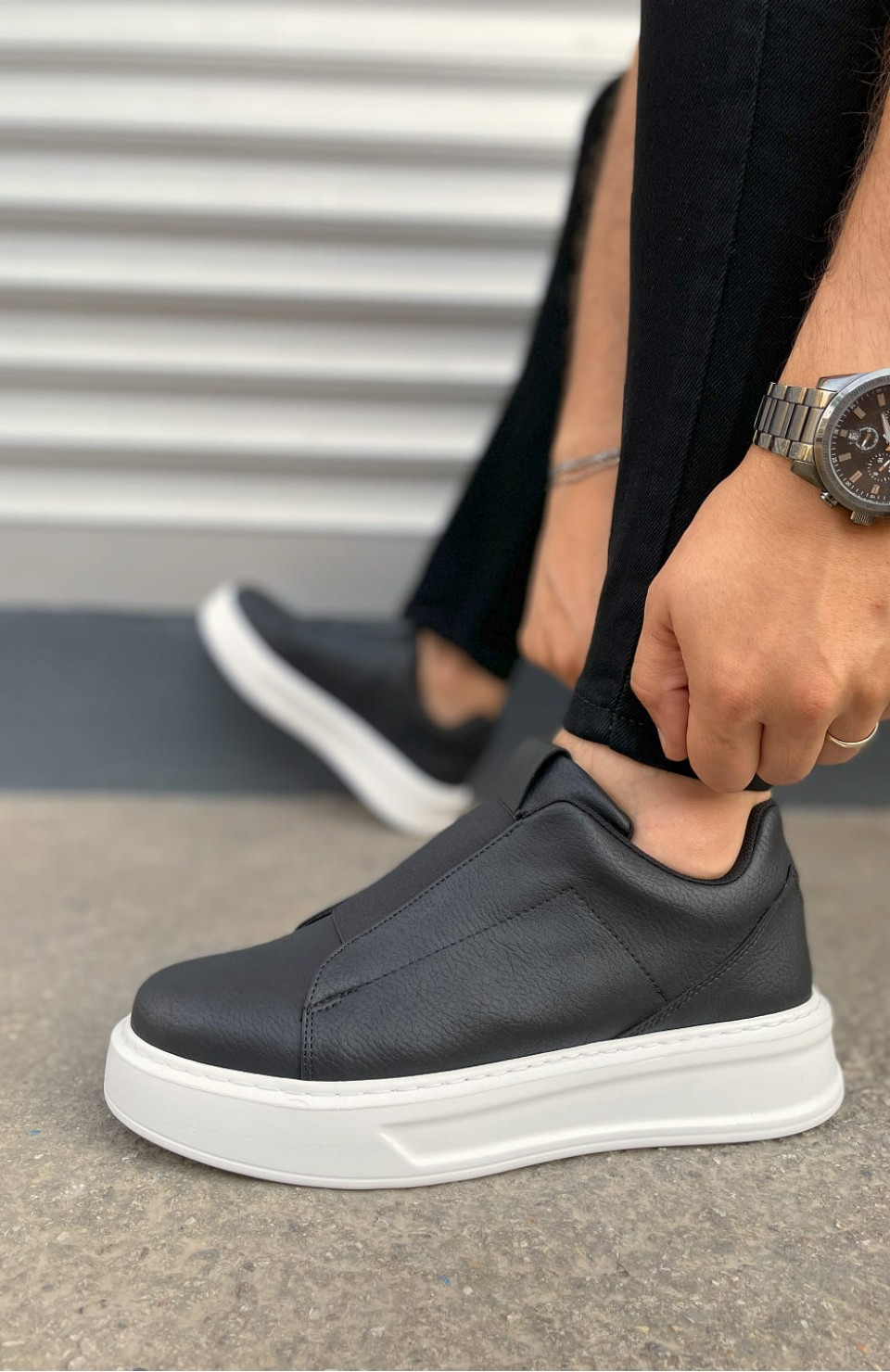 JY007 Alba Bağcıksız Cilt Erkek Günlük Sneaker Ayakkabı CBT Siyah