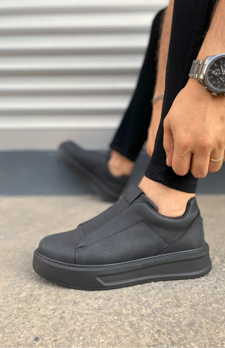 JY007 Alba Bağcıksız Cilt Erkek Günlük Sneaker Ayakkabı CST Siyah