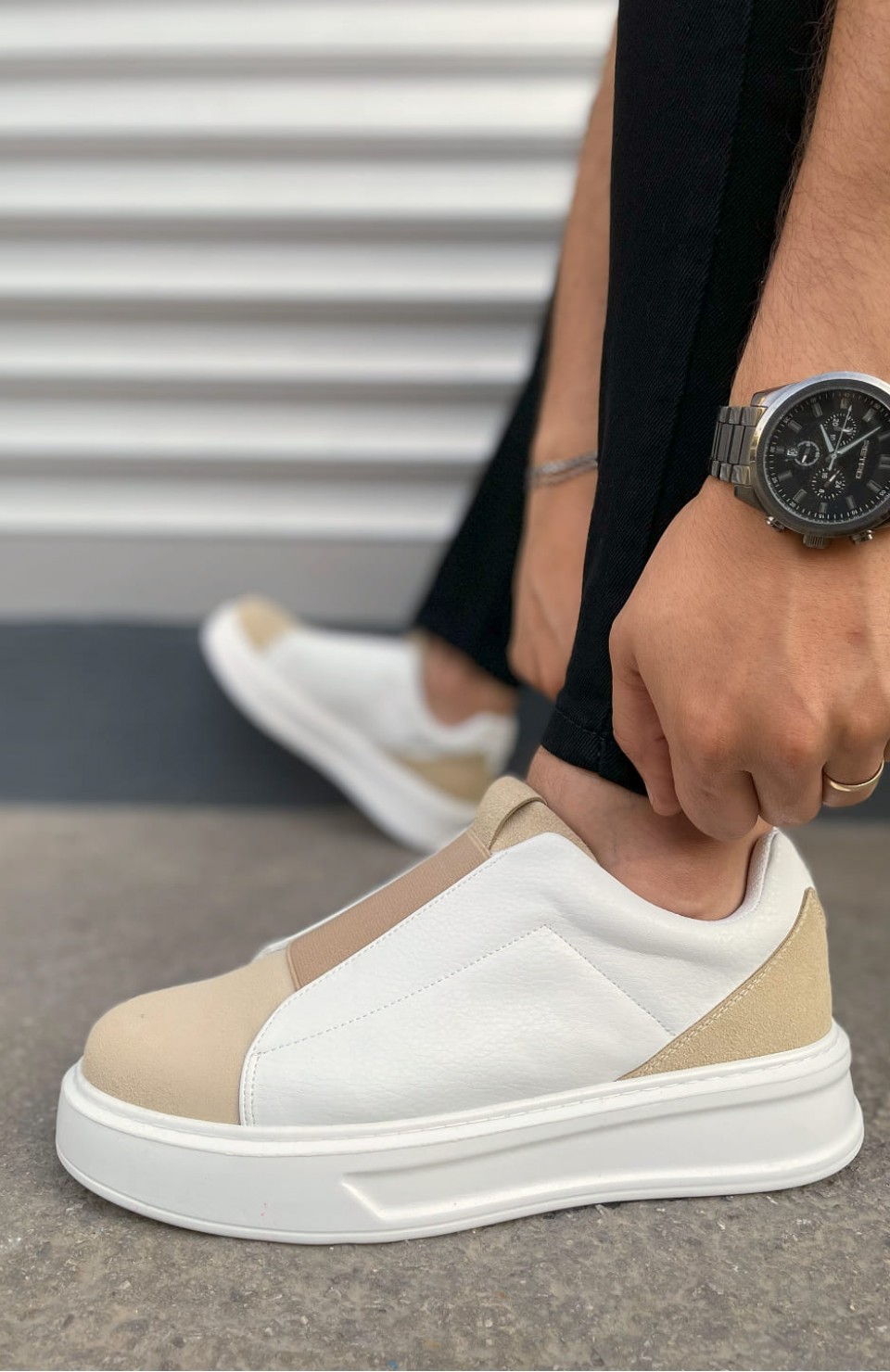 JY007 Alba Bağcıksız Süet Cilt Erkek Günlük Sneaker Ayakkabı SCBT Bej/Beyaz