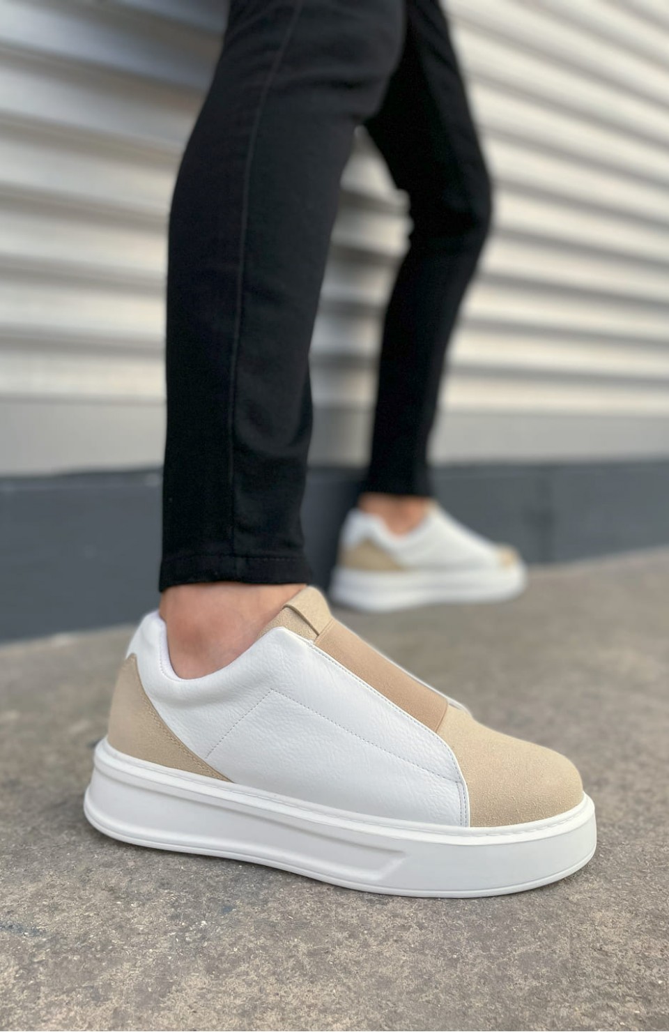 JY007 Alba Bağcıksız Süet Cilt Erkek Günlük Sneaker Ayakkabı SCBT Bej/Beyaz