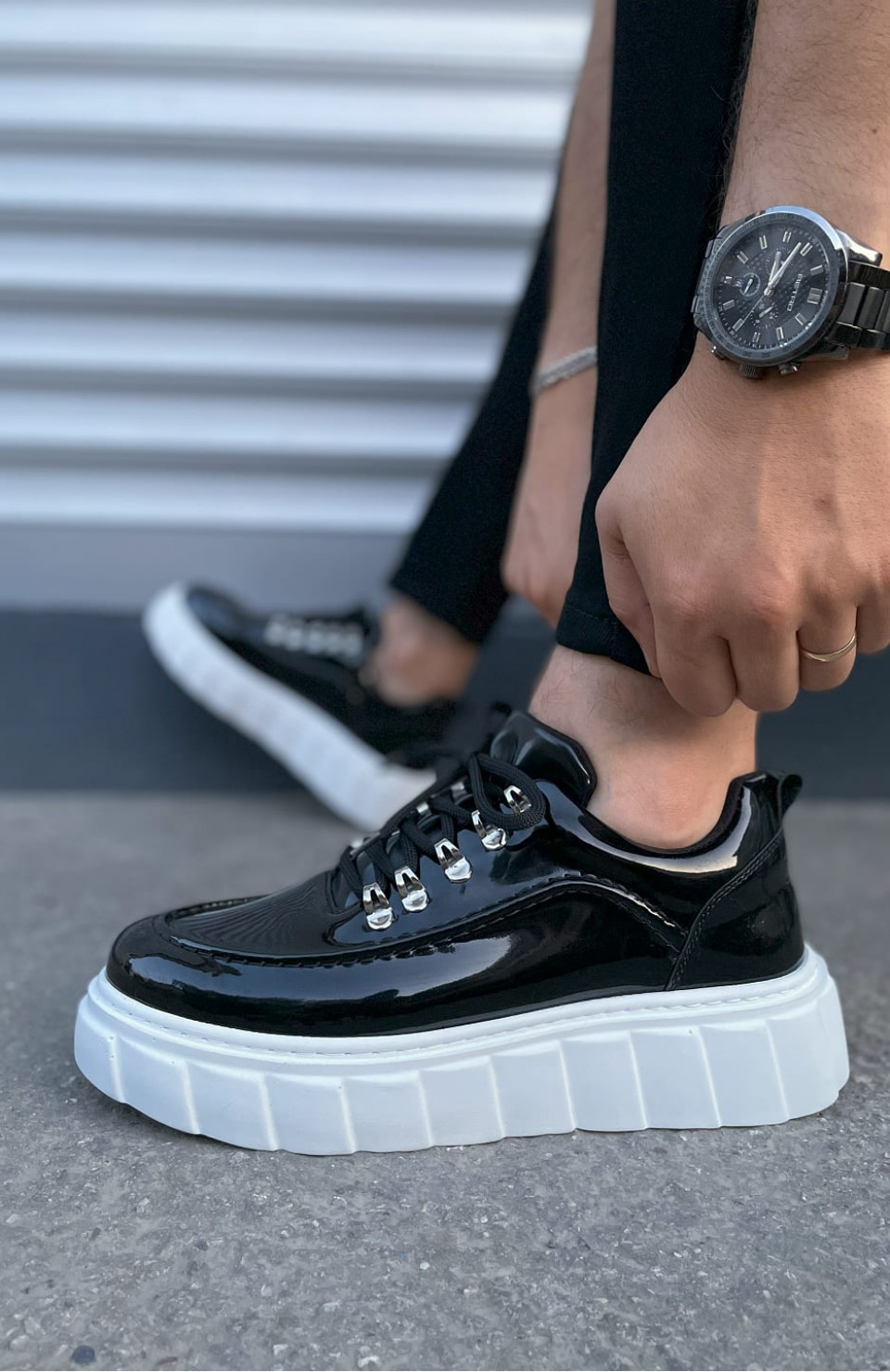 JY010 Cloud Bağcıklı Rugan Erkek Günlük Sneaker Ayakkabı RBT - Siyah