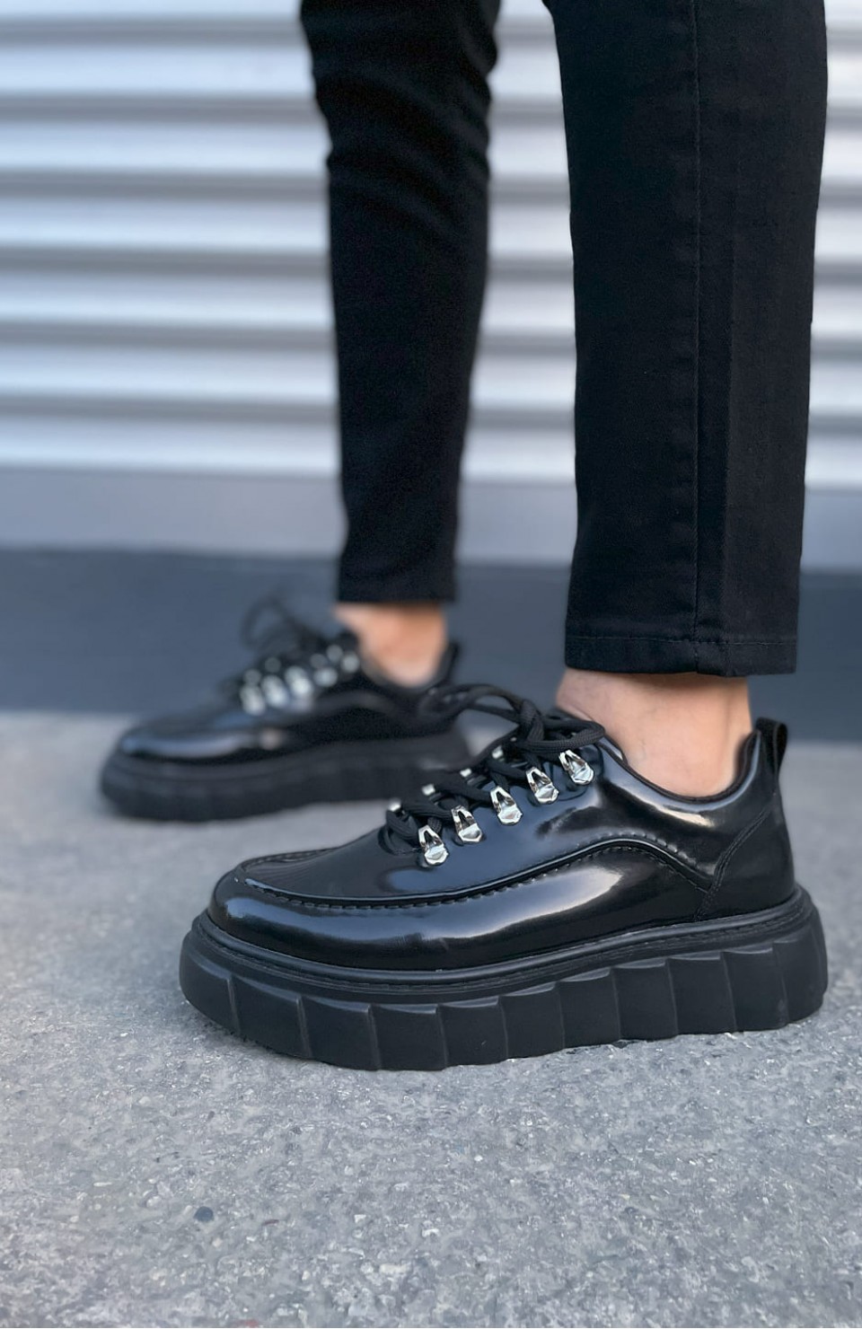 JY010 Cloud Bağcıklı Rugan Erkek Günlük Sneaker Ayakkabı RST - Siyah