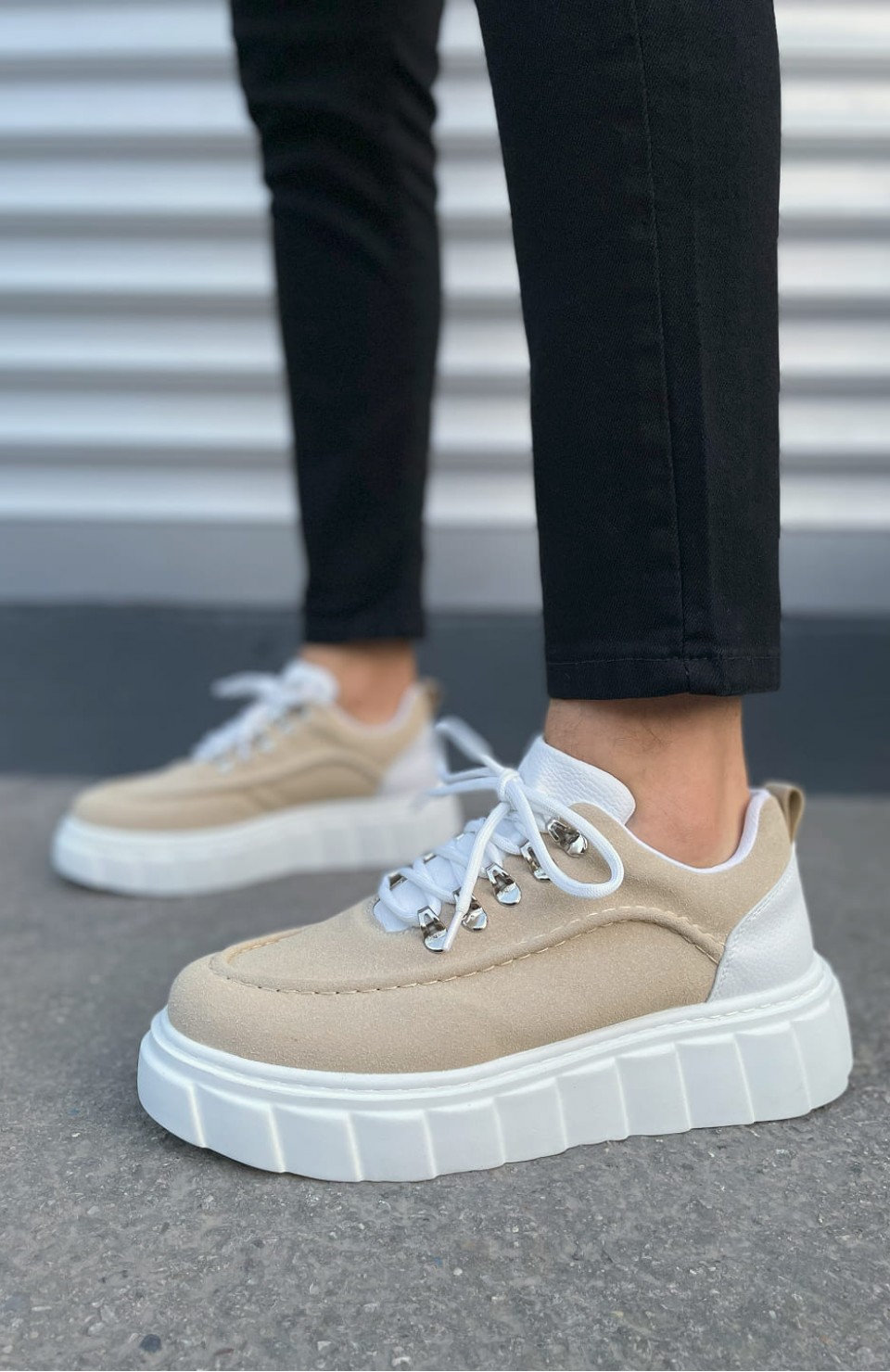 JY010 Cloud Bağcıklı Süet Erkek Günlük Sneaker Ayakkabı SBT - Krem/Beyaz