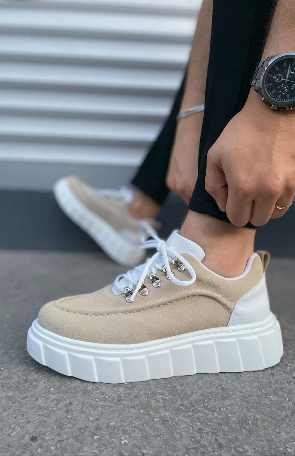 JY010 Cloud Bağcıklı Süet Erkek Günlük Sneaker Ayakkabı SBT - Krem/Beyaz