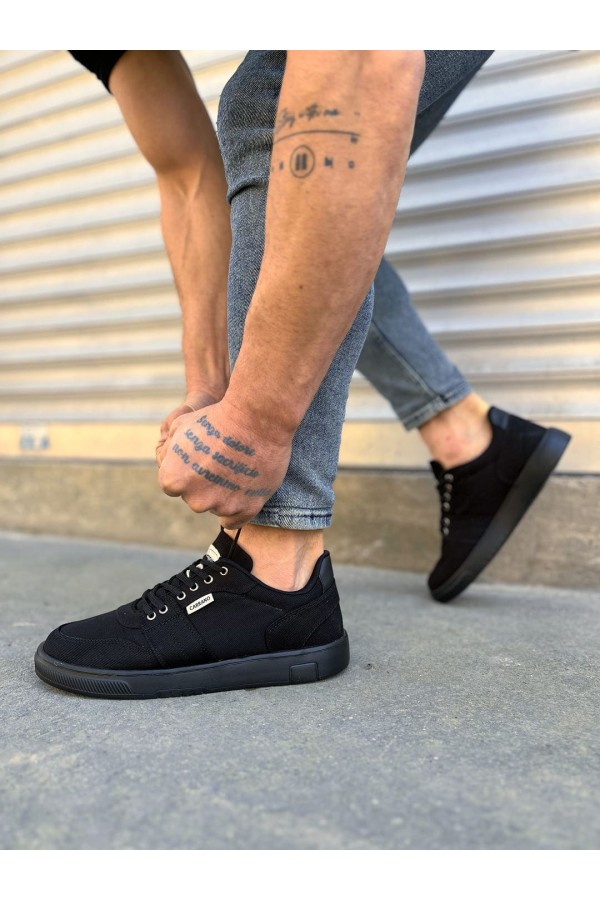 JY0118 REX Bağcıklı Keten Kumaş Erkek Günlük Sneaker Ayakkabı KST - Siyah
