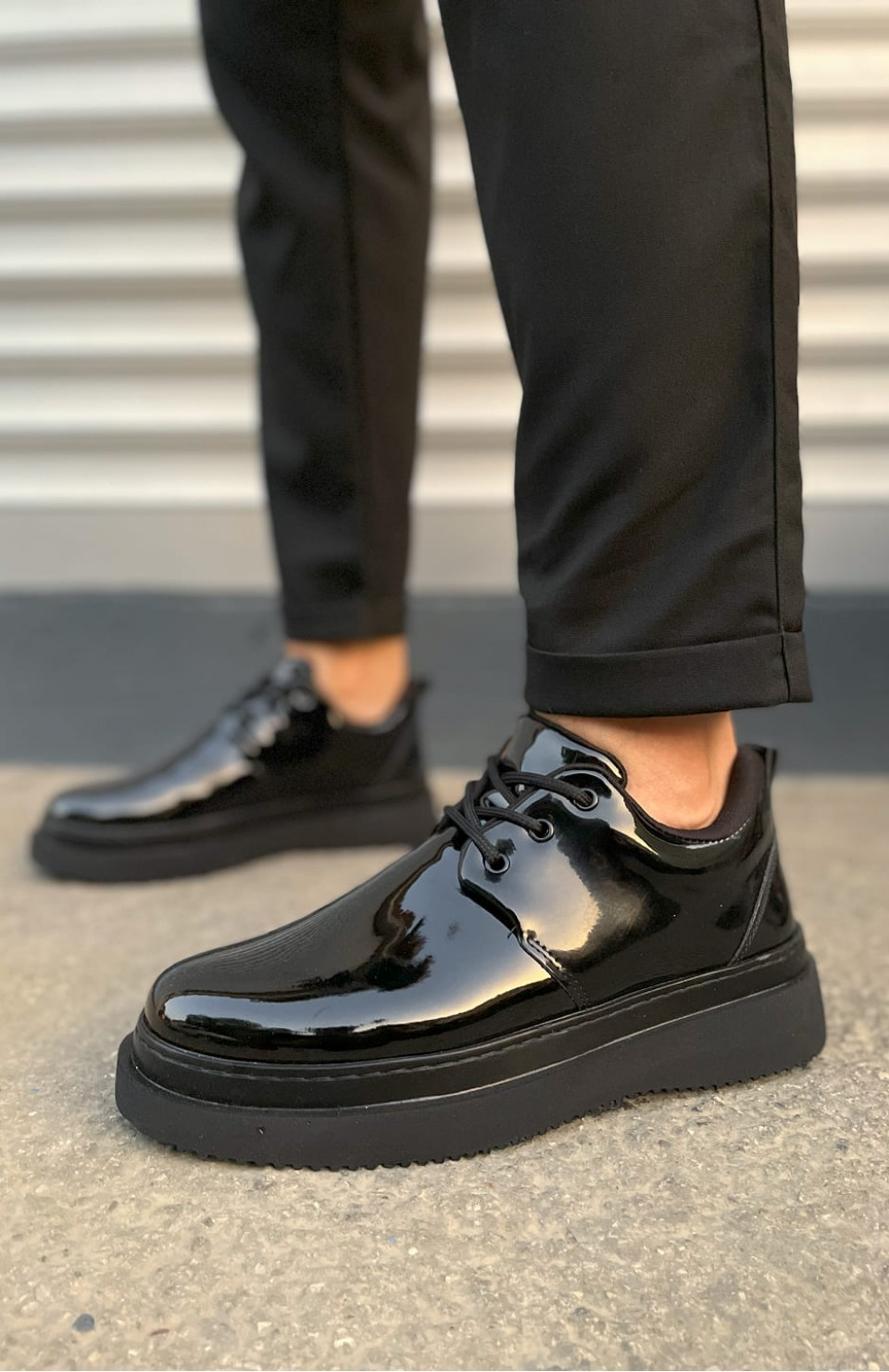 JY03 Luxor Bağcıklı Rugan Erkek Günlük Spor Klasik Ayakkabı RST - Siyah