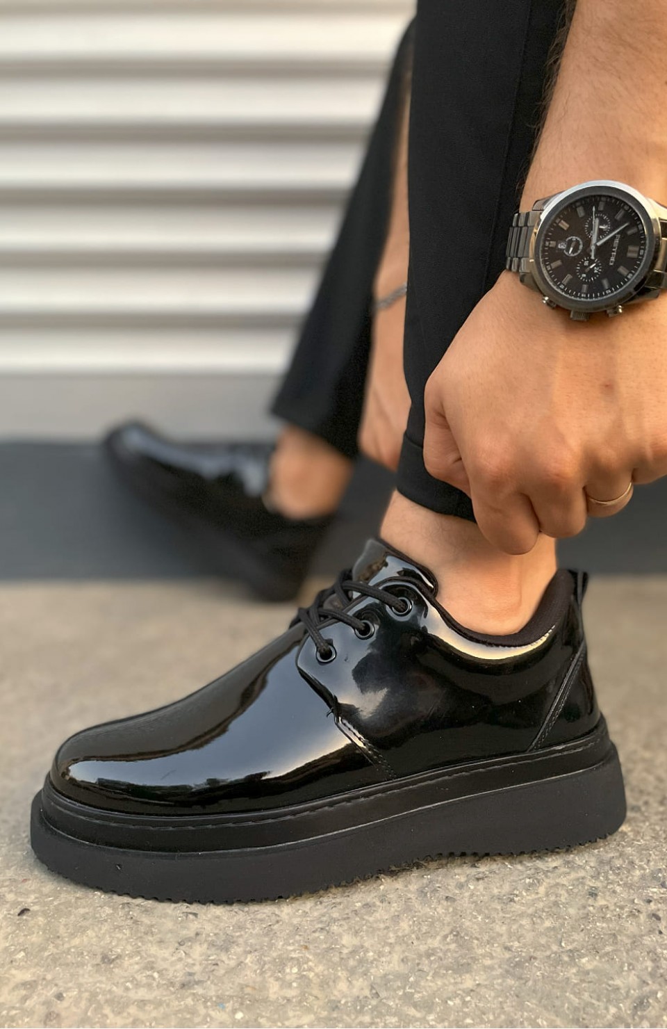 JY03 Luxor Bağcıklı Rugan Erkek Günlük Spor Klasik Ayakkabı RST - Siyah