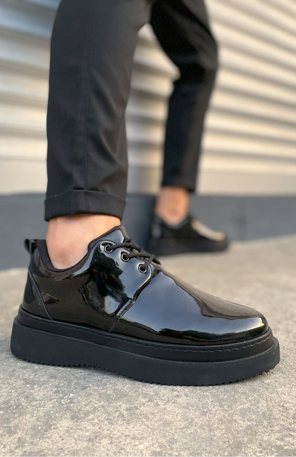 JY03 Luxor Bağcıklı Rugan Erkek Günlük Spor Klasik Ayakkabı RST - Siyah