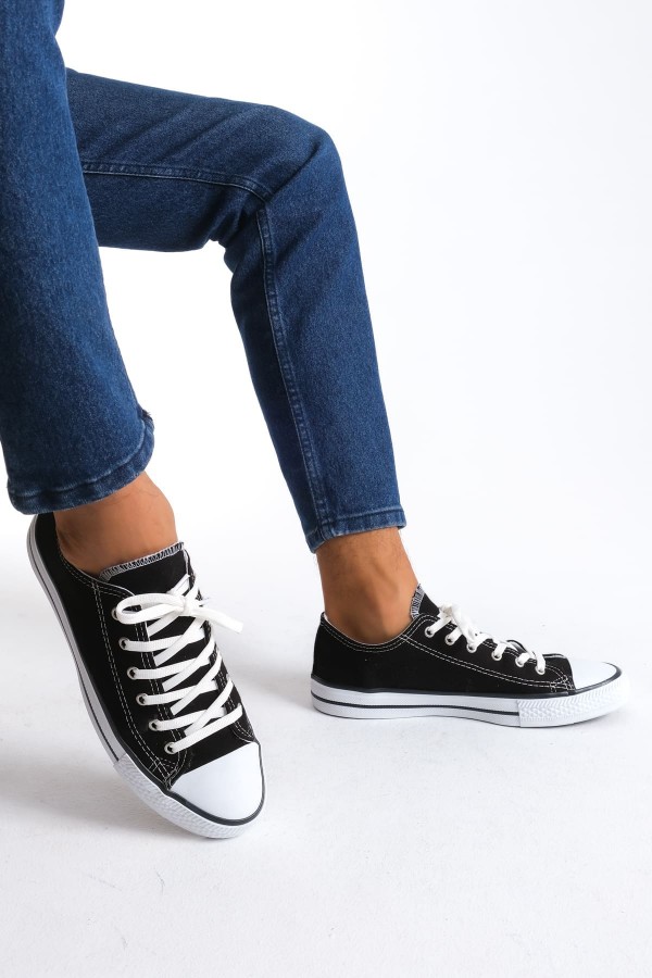 JY0422 Luke Bağcıklı Keten Kumaş Erkek Günlük Sneaker Ayakkabı KBT - Siyah