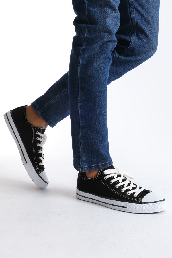 JY0422 Luke Bağcıklı Keten Kumaş Erkek Günlük Sneaker Ayakkabı KBT - Siyah