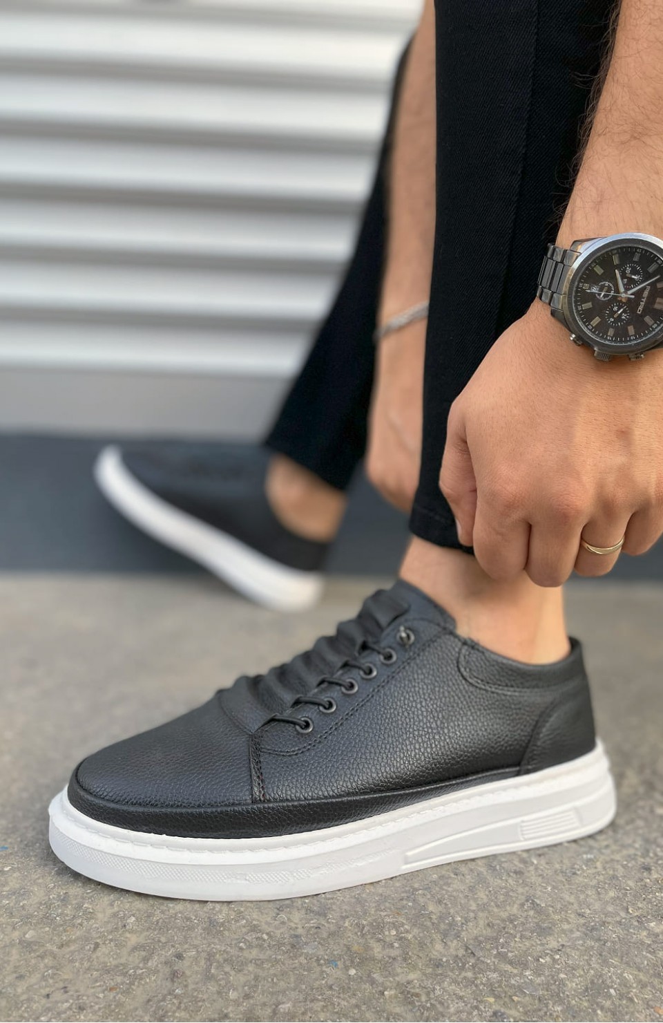 JY0535 Prime Bağcıklı Cilt Erkek Günlük Sneaker Ayakkabı CBT - Siyah