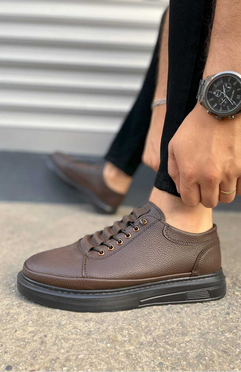 JY0535 Prime Bağcıklı Cilt Erkek Günlük Sneaker Ayakkabı CST - Kahverengi