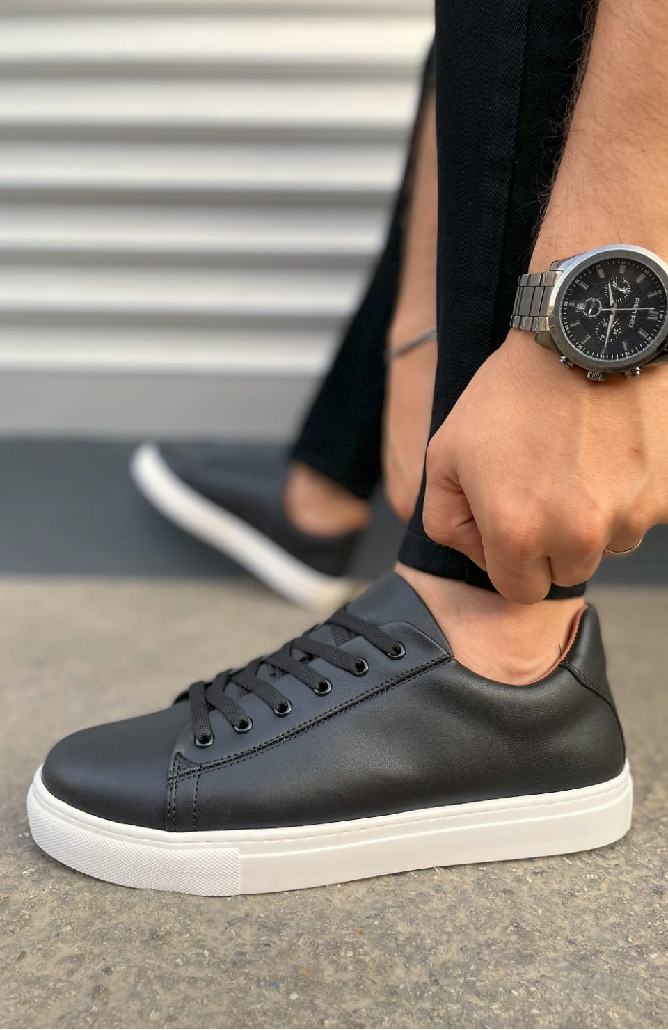 JY122 Mode Bağcıklı Cilt Erkek Günlük Sneaker Ayakkabı CBT - Siyah