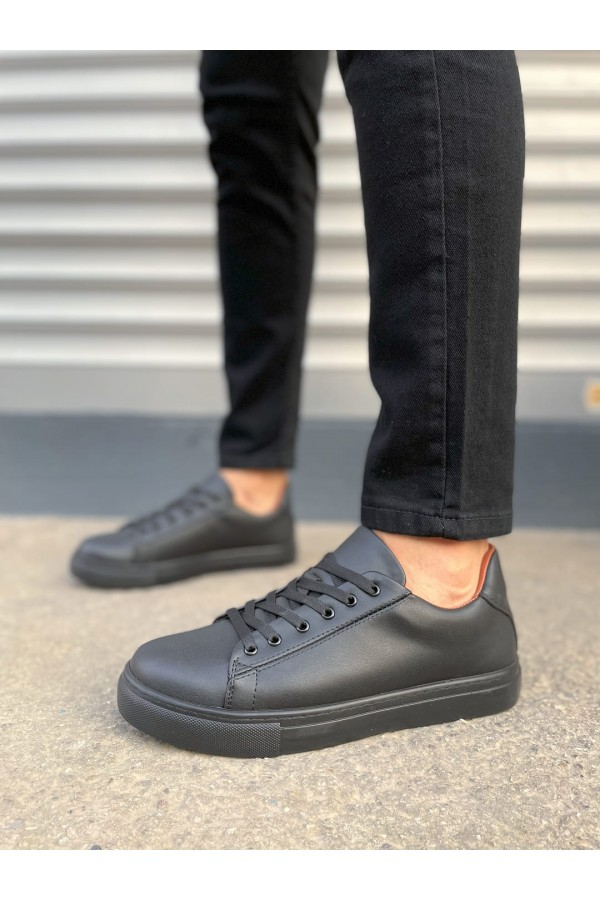 JY122 Mode Bağcıklı Cilt Erkek Günlük Sneaker Ayakkabı CST - Siyah