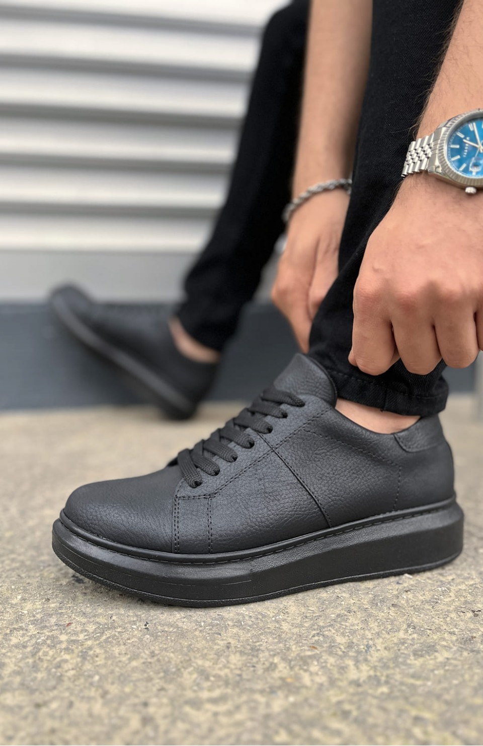 JY151 Boost Bağcıklı Cilt Erkek Günlük Sneaker Ayakkabı CST - Siyah