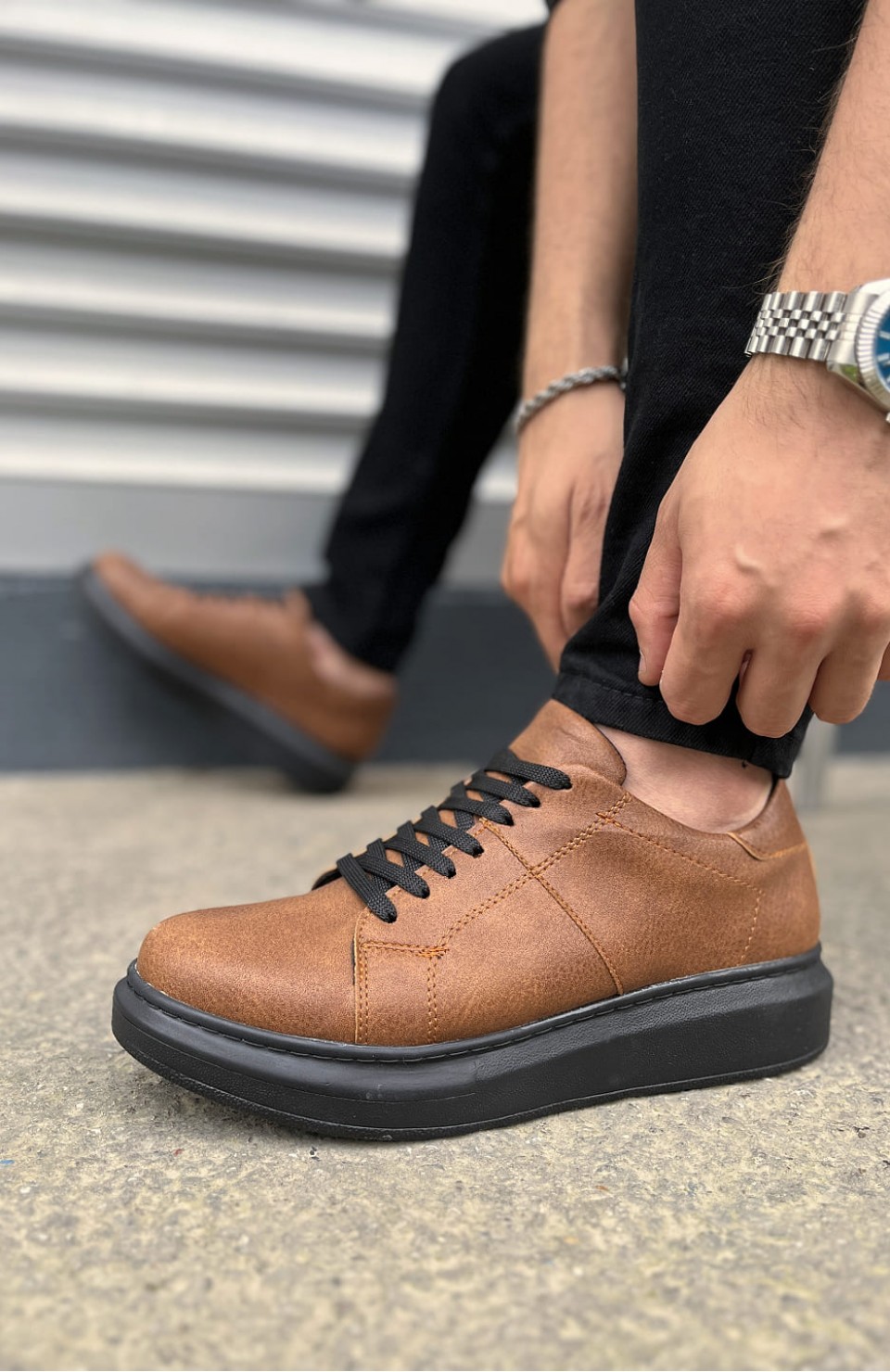 JY151 Boost Bağcıklı Cilt Erkek Günlük Sneaker Ayakkabı CST - Taba