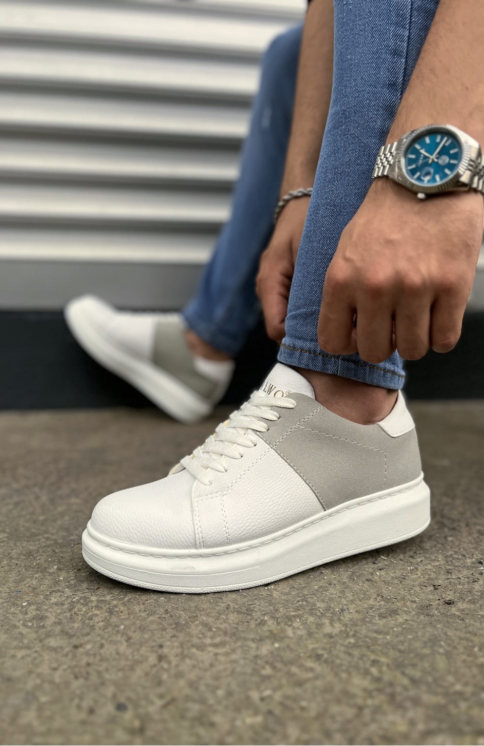 JY151 Boost Bağcıklı Cilt Süet Erkek Günlük Sneaker Ayakkabı CSBT - Beyaz/Gri