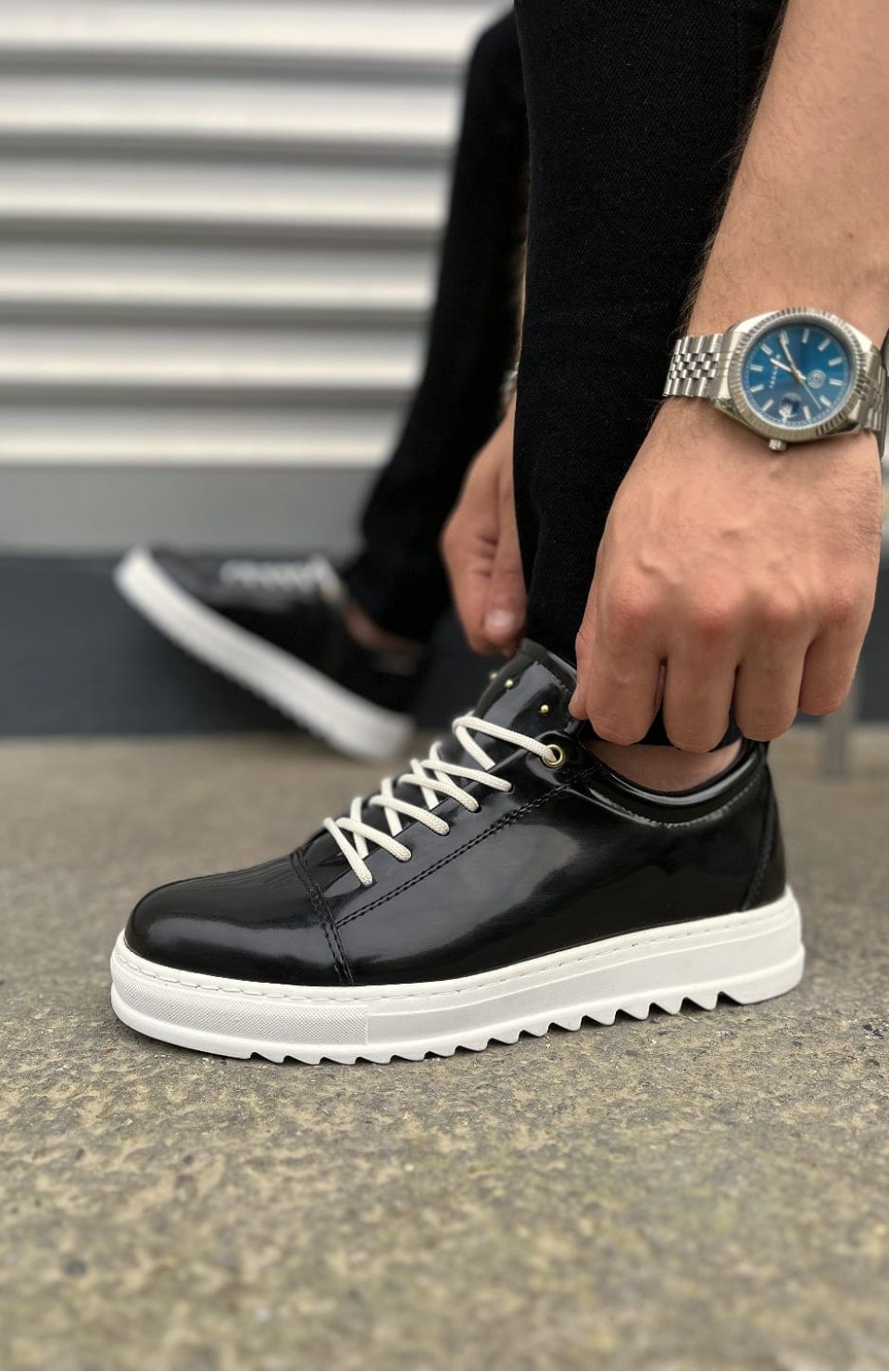 JY152 Cool Bağcıklı Rugan Erkek Günlük Spor Klasik Ayakkabı RBT - Siyah