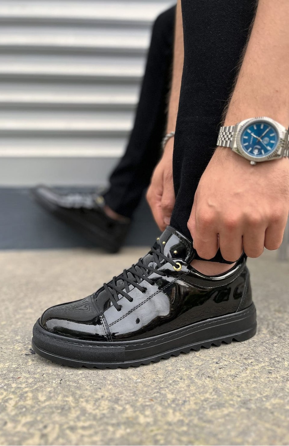 JY152 Cool Bağcıklı Rugan Erkek Günlük Spor Klasik Ayakkabı RST - Siyah