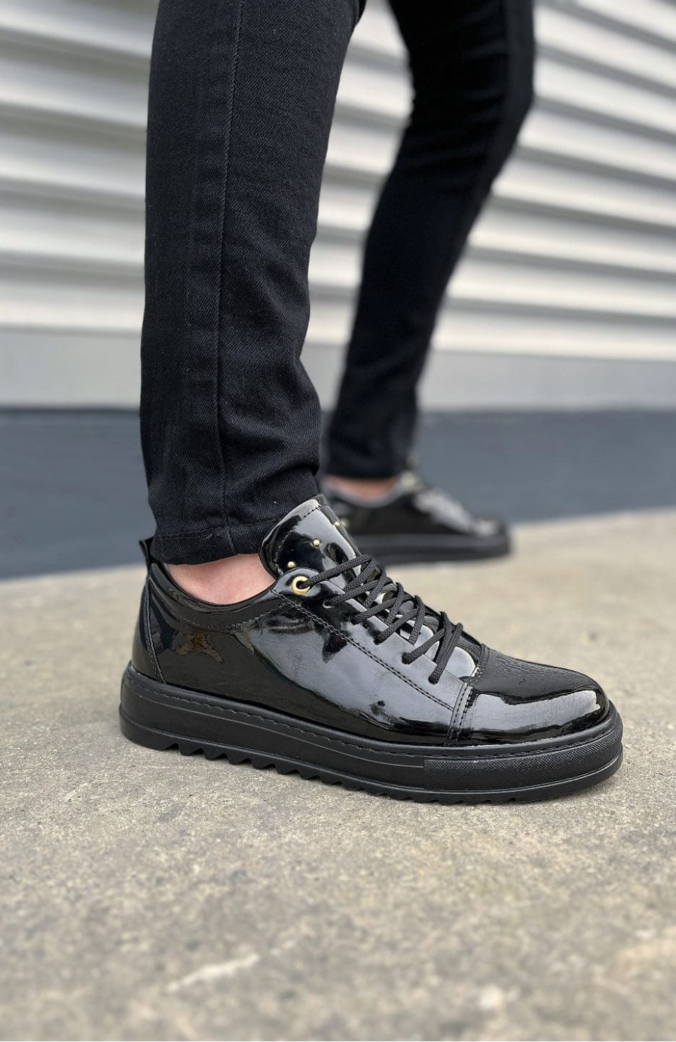 JY152 Cool Bağcıklı Rugan Erkek Günlük Spor Klasik Ayakkabı RST - Siyah