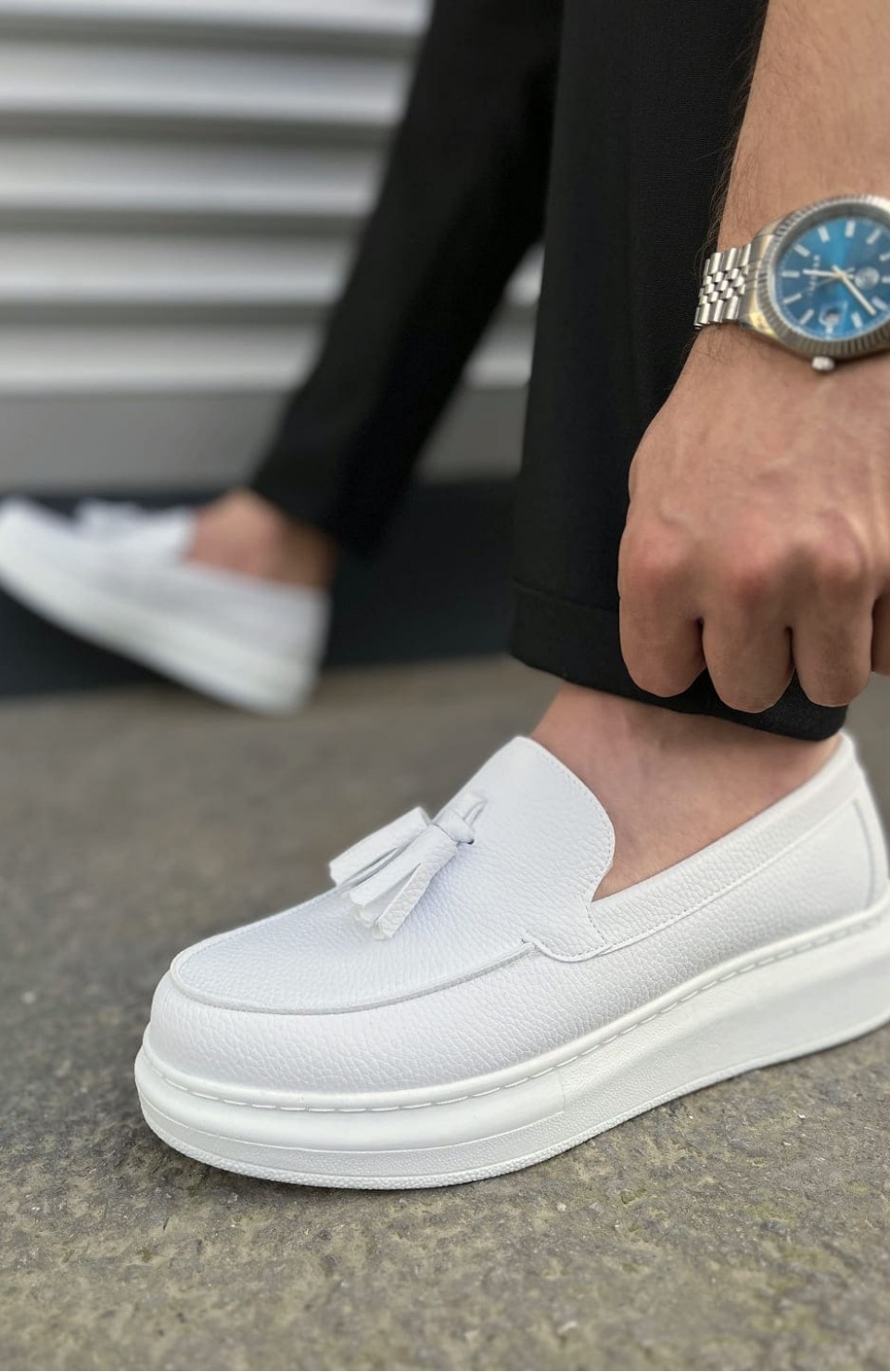 JY154 Blaze Bağcıksız Püsküllü Cilt Erkek Günlük Spor Klasik Ayakkabı CBT - Beyaz
