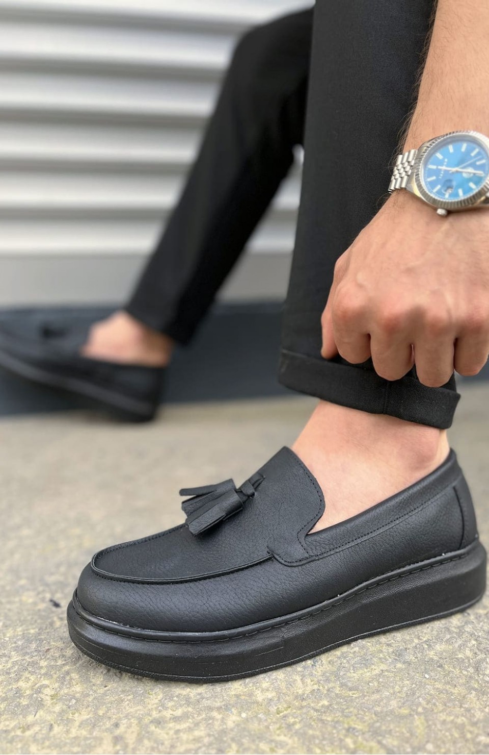 JY154 Blaze Bağcıksız Püsküllü Cilt Erkek Günlük Spor Klasik Ayakkabı CST - Siyah