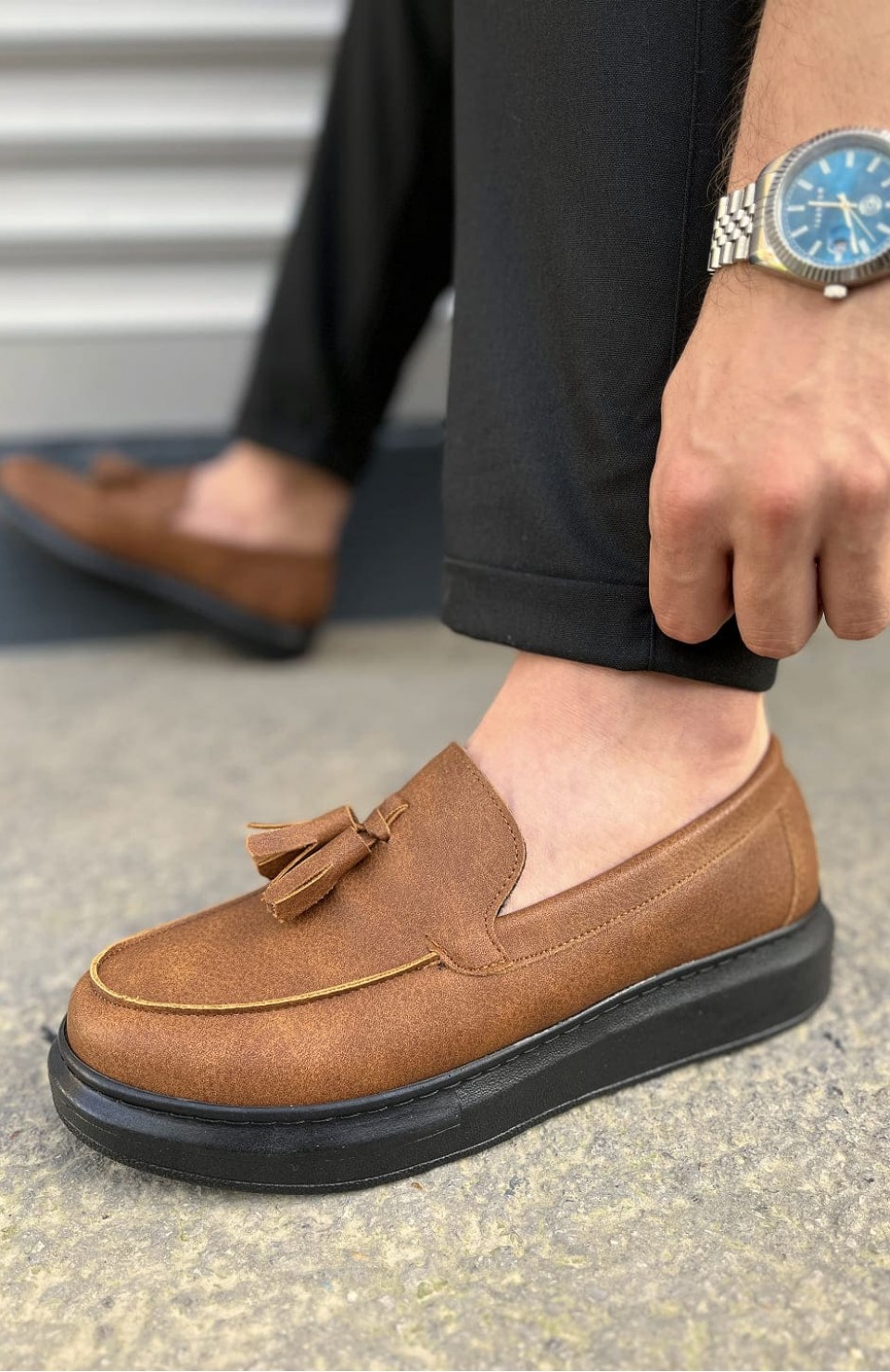 JY154 Blaze Bağcıksız Püsküllü Cilt Erkek Günlük Spor Klasik Ayakkabı CST - Taba