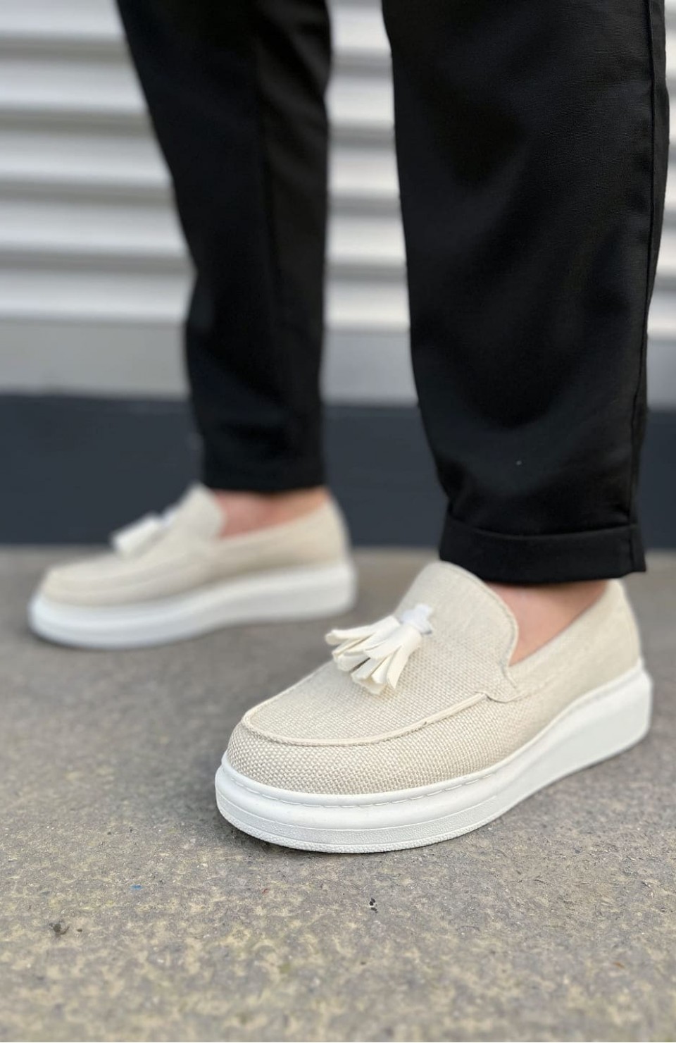 JY154 Blaze Bağcıksız Püsküllü Keten Erkek Günlük Spor Klasik Ayakkabı KBT - Beyaz