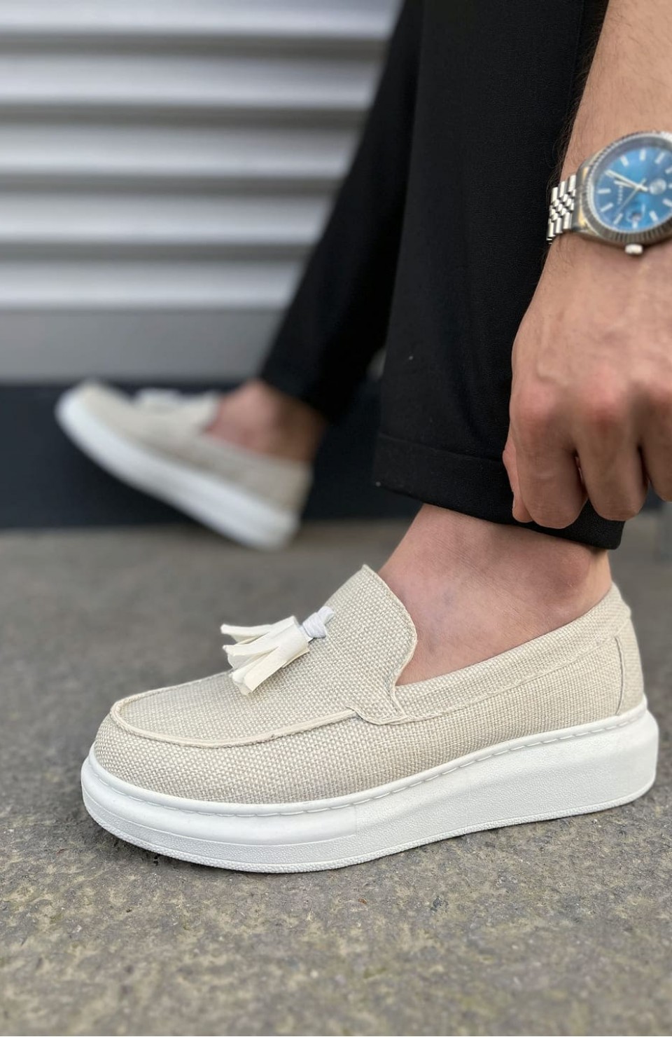JY154 Blaze Bağcıksız Püsküllü Keten Erkek Günlük Spor Klasik Ayakkabı KBT - Beyaz