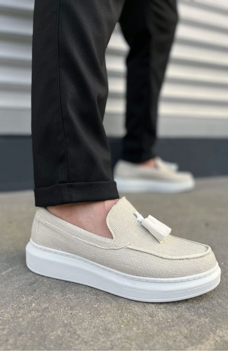 JY154 Blaze Bağcıksız Püsküllü Keten Erkek Günlük Spor Klasik Ayakkabı KBT - Beyaz