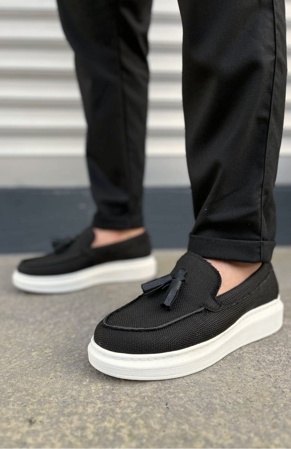 JY154 Blaze Bağcıksız Püsküllü Keten Erkek Günlük Spor Klasik Ayakkabı KBT - Siyah