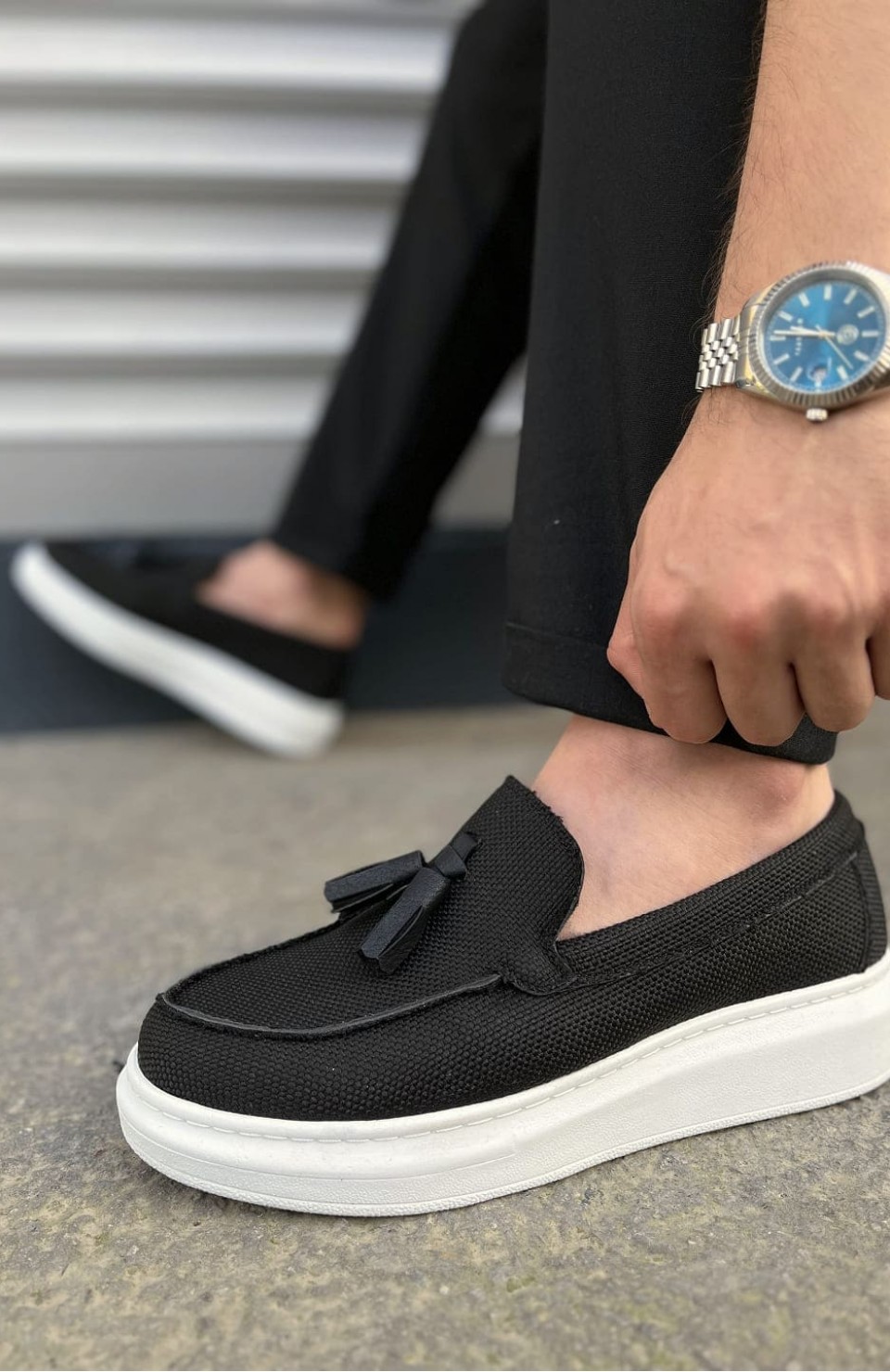 JY154 Blaze Bağcıksız Püsküllü Keten Erkek Günlük Spor Klasik Ayakkabı KBT - Siyah