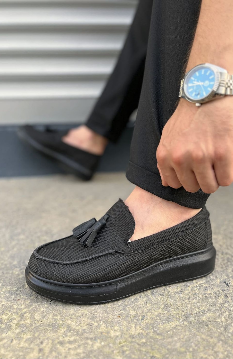 JY154 Blaze Bağcıksız Püsküllü Keten Erkek Günlük Spor Klasik Ayakkabı KST - Siyah