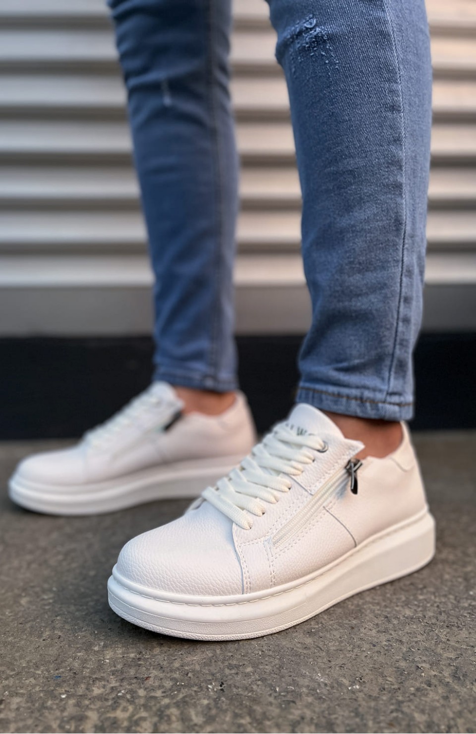 JY155 Warrior Bağcıklı ve Fermuarlı Cilt Erkek Günlük Sneaker Ayakkabı CBT - Beyaz