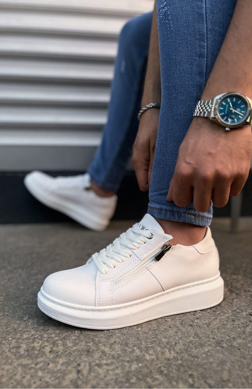 JY155 Warrior Bağcıklı ve Fermuarlı Cilt Erkek Günlük Sneaker Ayakkabı CBT - Beyaz