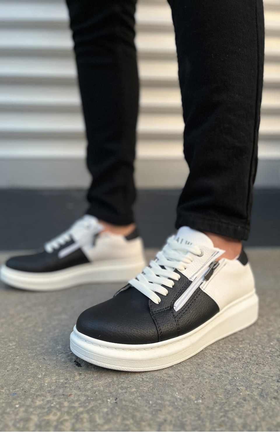 JY155 Warrior Bağcıklı ve Fermuarlı Cilt Erkek Günlük Sneaker Ayakkabı CBT - Beyaz/Siyah
