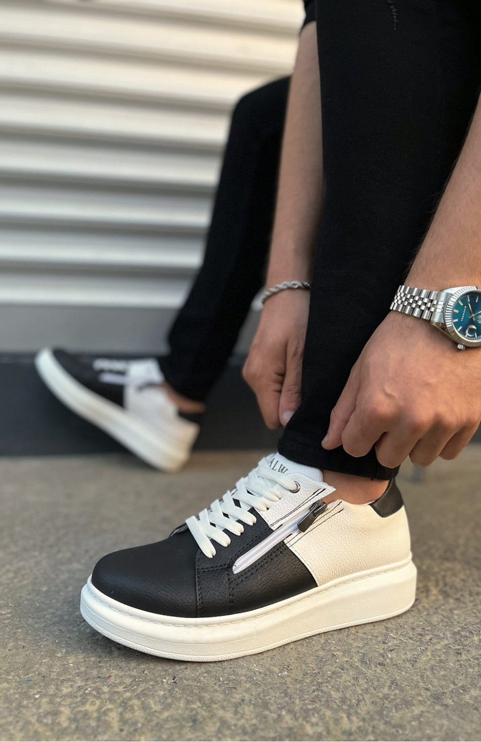 JY155 Warrior Bağcıklı ve Fermuarlı Cilt Erkek Günlük Sneaker Ayakkabı CBT - Beyaz/Siyah