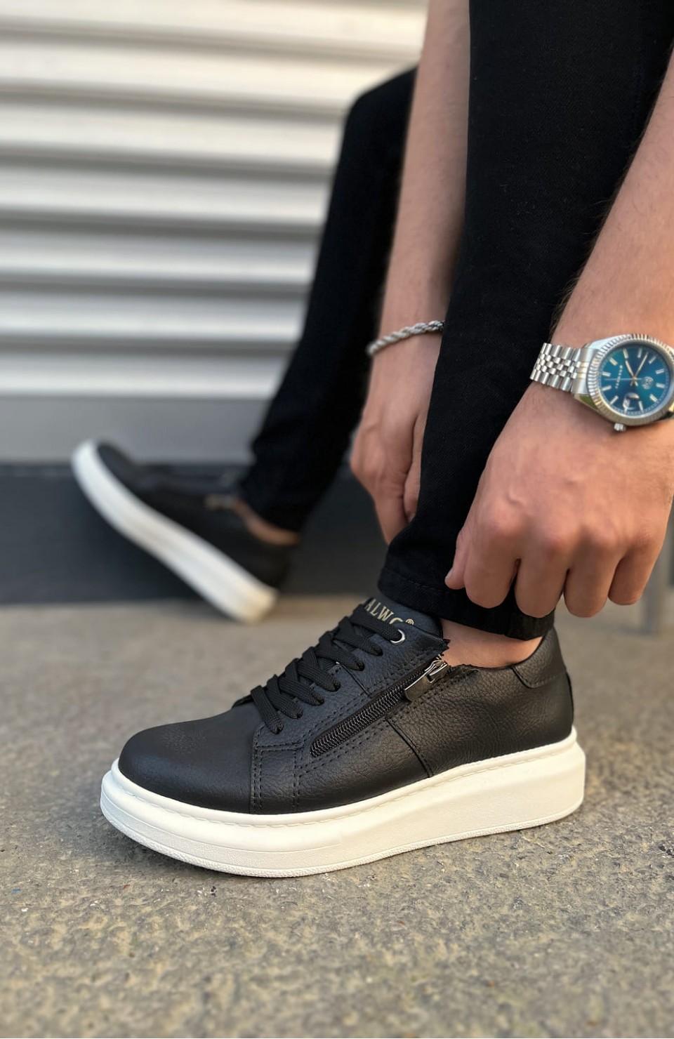 JY155 Warrior Bağcıklı ve Fermuarlı Cilt Erkek Günlük Sneaker Ayakkabı CBT - Siyah