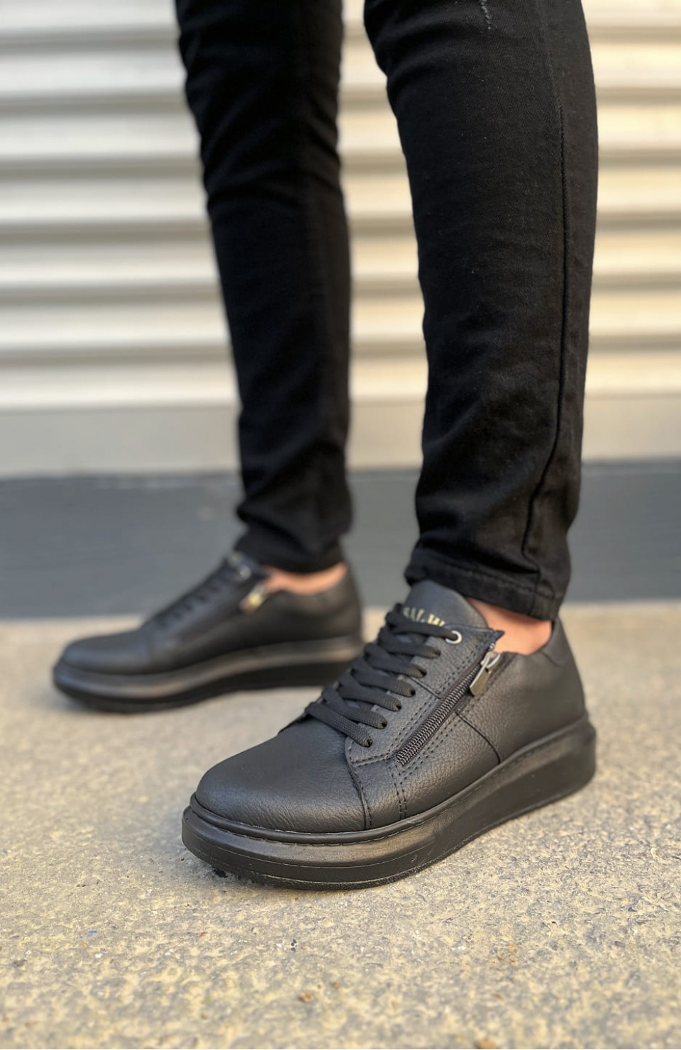 JY155 Warrior Bağcıklı ve Fermuarlı Cilt Erkek Günlük Sneaker Ayakkabı CST - Siyah