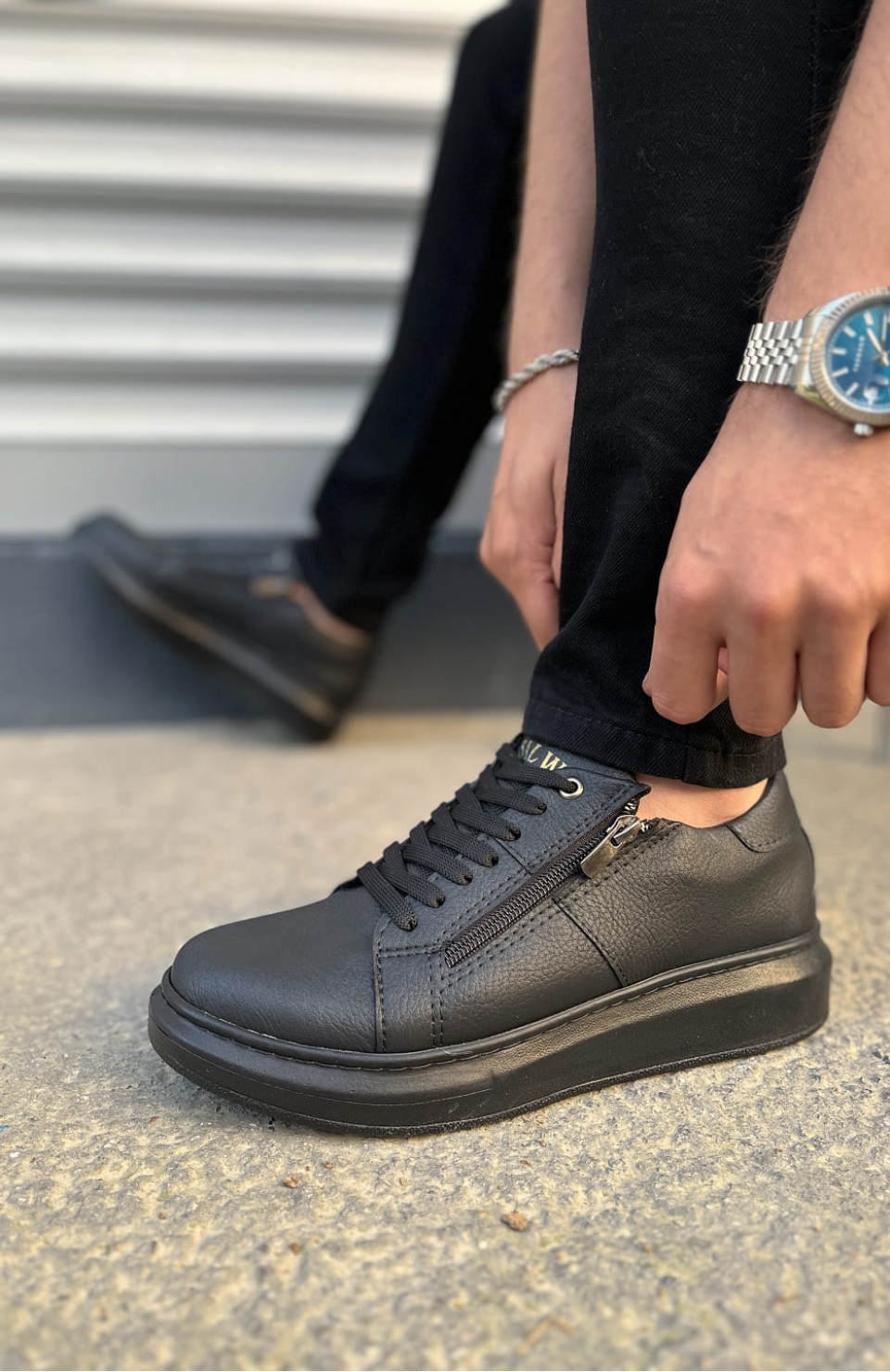 JY155 Warrior Bağcıklı ve Fermuarlı Cilt Erkek Günlük Sneaker Ayakkabı CST - Siyah